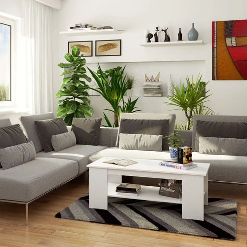 Šiuolaikiškas baltas kavos staliukas su funkcionaliu stalviršiu