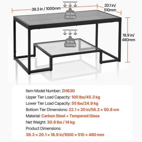 Kavos staliukas VEVOR ZH630, 2 pakopos, 100 × 51 × 48 cm - Žurnaliniai (kavos) staliukai