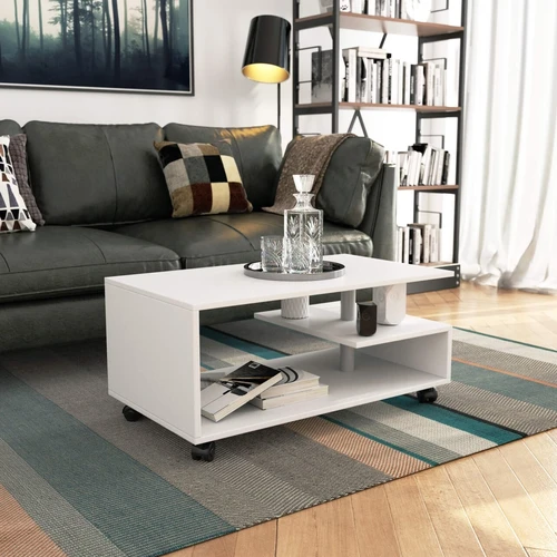 Baltas kavos staliukas ant ratukų – puikus interjero akcentas