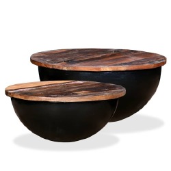 Kavos staliukų komplektas, 2d., juoda, perdirbta mediena, apvalus