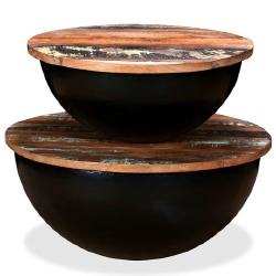 Kavos staliukų komplektas, 2d., juoda, perdirbta mediena, apvalus - Žurnaliniai (kavos) staliukai