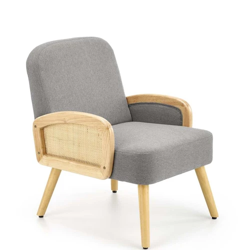 Ergonominė pilka sofa su minkštu audiniu ir rotangų dekoru