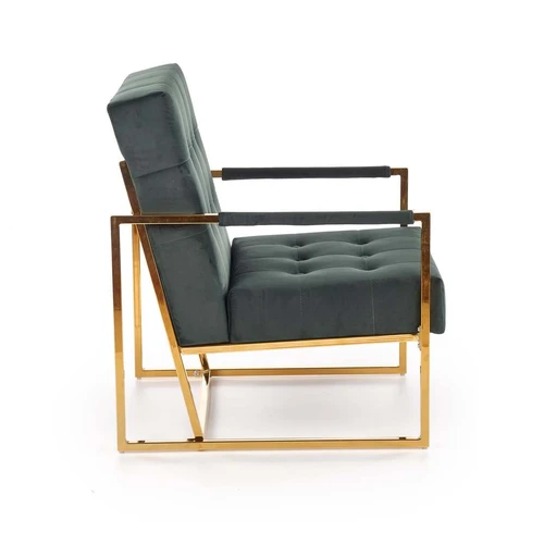 Moderni kėdė su tamsiai žaliu apmušalu ir chromuotais detalėmis