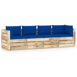 Keturvietė sodo sofa su mėlynomis pagalvėmis