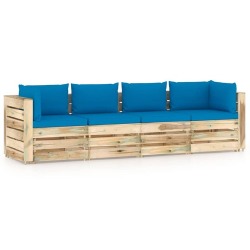 Keturvietė sodo sofa su šviesiai mėlynomis pagalvėmis