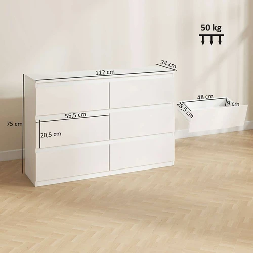 Komoda, 6 stalčiai, Balta, 112 × 75 × 34 cm - Komodos, šoninės spintelės