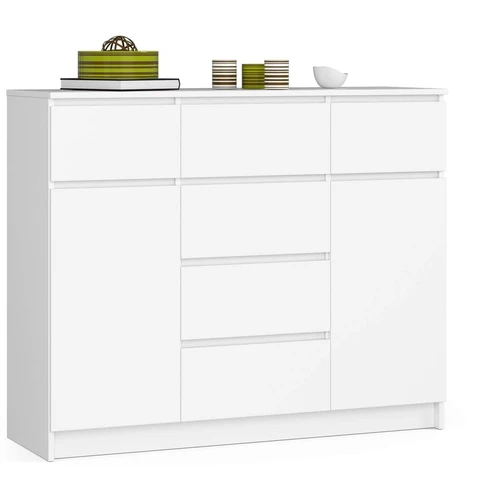 Komoda AKORD K017, 2 durelės, 6 stalčiai, baltos spalvos, 120 × 99 × 40 cm