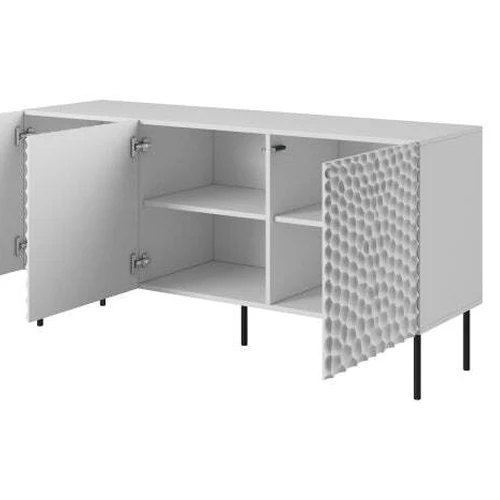 Minimalistinės spintos su baltomis kraštinėmis ir juodomis kojomis