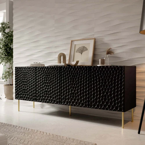 Moderni spinta su matiniu laminuotu korpusu ir juodomis metalinėmis kojomis