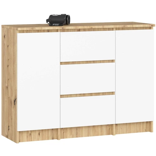 Komoda K100, 2 durelės ir 3 stalčiai, rudos/baltos spalvos, 101 × 76 × 35 cm