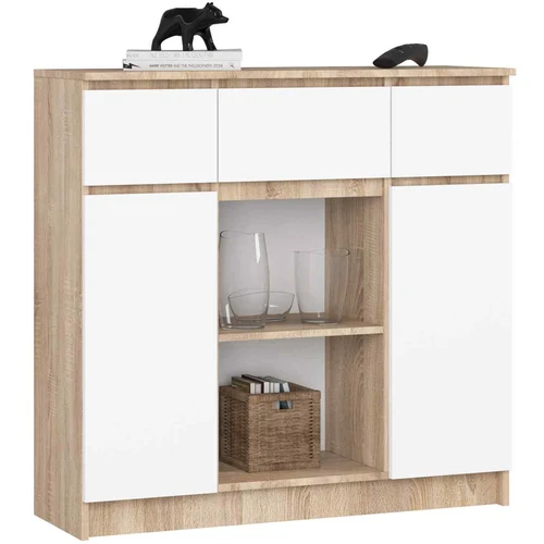 Komoda K100, 2 durys ir 3 stalčiai, rudos/baltos spalvos, 101 × 98 × 35 cm