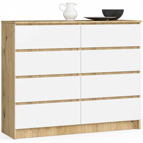 Komoda K120, 8 stalčių, baltos/ąžuolo spalvos, 120 × 99 × 40 cm