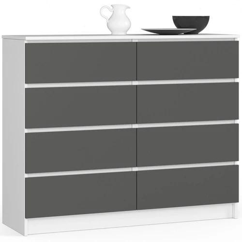 Komoda K120 AkordV2, 8 stalčiai, baltos/pilkos spalvos, 120 × 99 × 40 cm