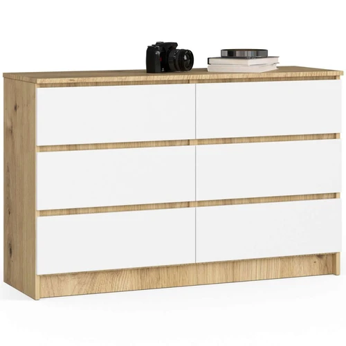 Komoda K120 CLP, 6 stalčiai, baltos/ąžuolo spalvos, 120 × 77 × 40 cm
