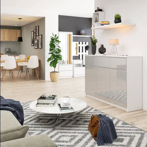 Moderni komoda iš laminuotos plokštės su patogiais slydimo mechanizmais