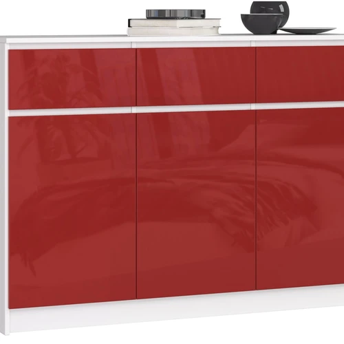 Komoda K140 su 3-imis stalčiais, blizgios baltos/raudonos spalvos