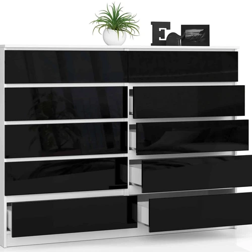 Moderni juodos/baltos komoda su 8 stalčiais – puikus pasirinkimas