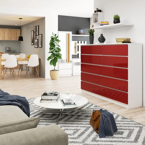 Raudonai blizgus fasadai ir patikimi stalčiai su volelio kreiptuvais