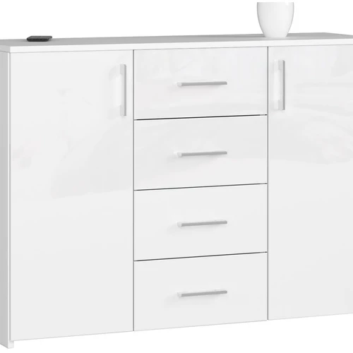 Komoda K45, 4 stalčiai, 2 durelės, baltos spalvos, 110 × 80 × 35 cm
