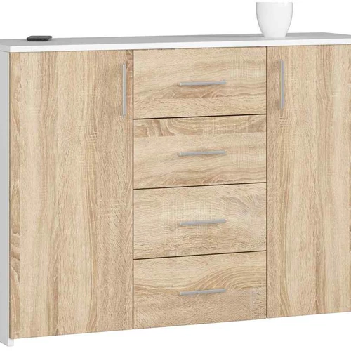 Komoda K45, 4 stalčiai ir 2 durelės, baltos spalvos, 110 × 80 × 35 cm