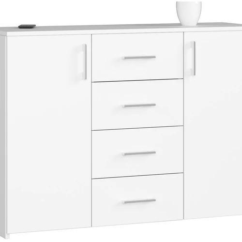 Komoda K45, 4 stalčiai ir 2 durelės, baltos spalvos, 110 × 80 × 35 cm