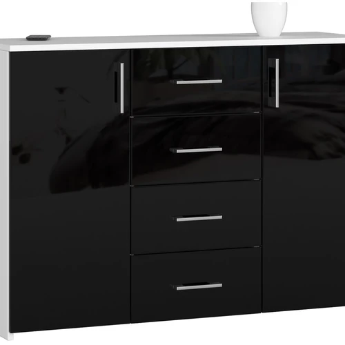 Komoda K45, 4 stalčiai ir 2 durelės, baltos/juodos spalvos, 110 × 80 × 35 cm