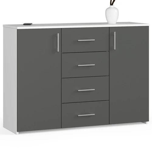 Komoda K45 AkordV2, 4 stalčiai, baltos/pilkos spalvos, 110 × 80 × 35 cm