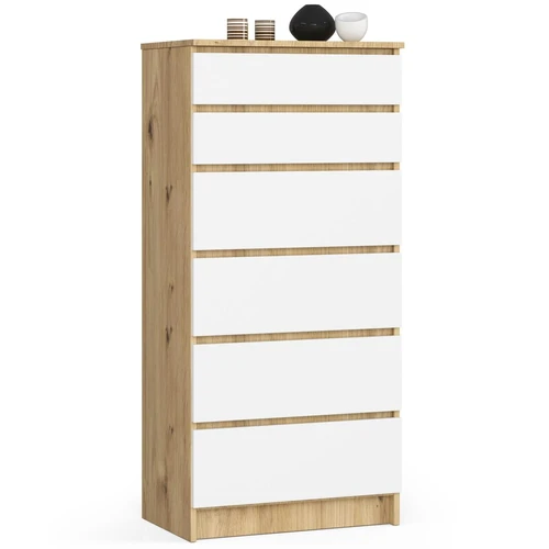 Komoda K60, 6 stalčiai, baltos/ąžuolo spalvos, 60 × 130 × 40 cm