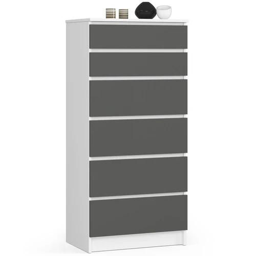 Komoda K60, 6 stalčiai, baltos/pilkos spalvos, 60 × 130 × 40 cm