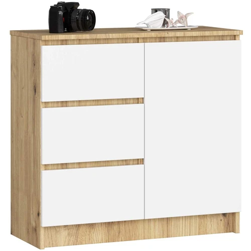 Komoda K80 JERRY, 1 durelės, 3 stalčiai, ąžuolo/baltos spalvos, 80 × 77 × 35 cm