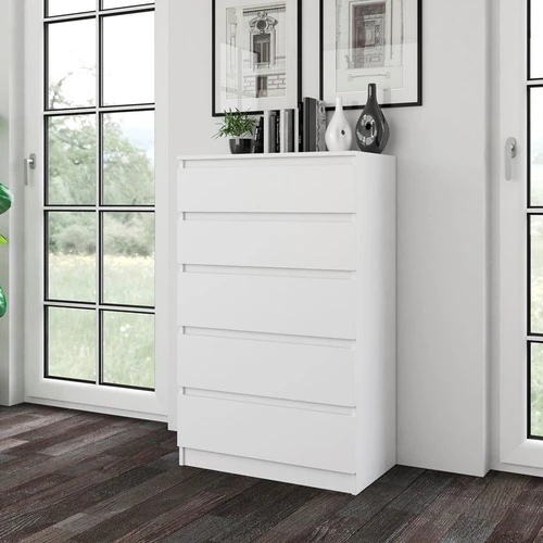 Moderni balta komoda su 5 stalčiais ir MDP korpusu