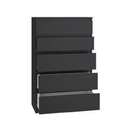 Moderni juoda komoda su 5 stalčiais ir ritininiais bėgeliais