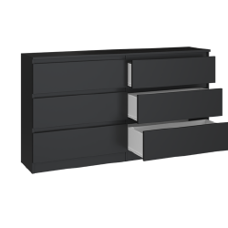 Moderni juoda komoda su 6 stalčiais ir PVC apdaila