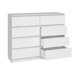 Patvari balta komoda su 8 stalčiais, PVC apdaila