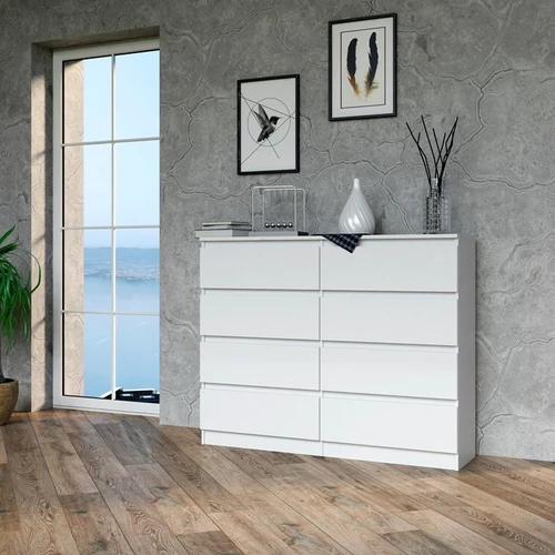 Ergonominė 8 stalčių komoda, MDP korpusas, baltos spalvos
