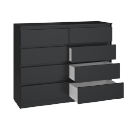 Moderni juoda komoda su 8 stalčiais ir PVC apdaila