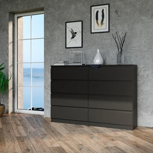 Moderni juoda komoda, 138 cm pločio, su 8 stalčiais