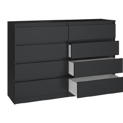 Ergonominė juoda komoda su 8 stalčiais ir PVC kraštų apdaila