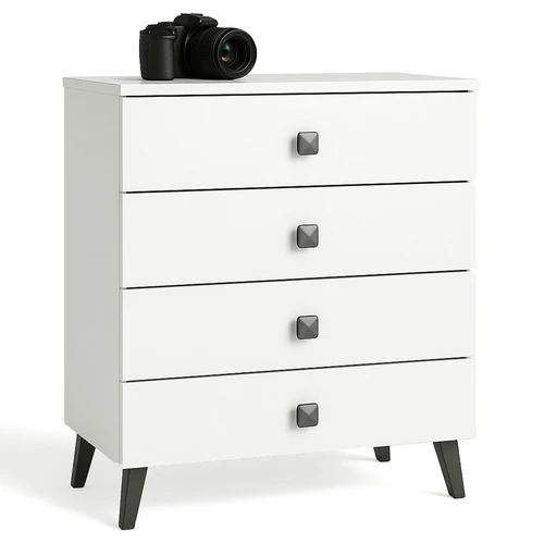 Komoda MOBI K-04, 4 stalčiai, baltos/juodos spalvos, 60 × 73 × 37 cm