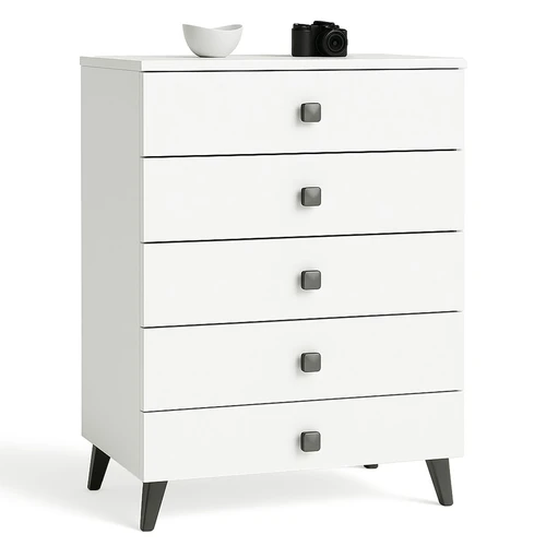 Komoda MOBI K05, 5 stalčiai, baltos/juodos spalvos, 60 × 89 × 37 cm