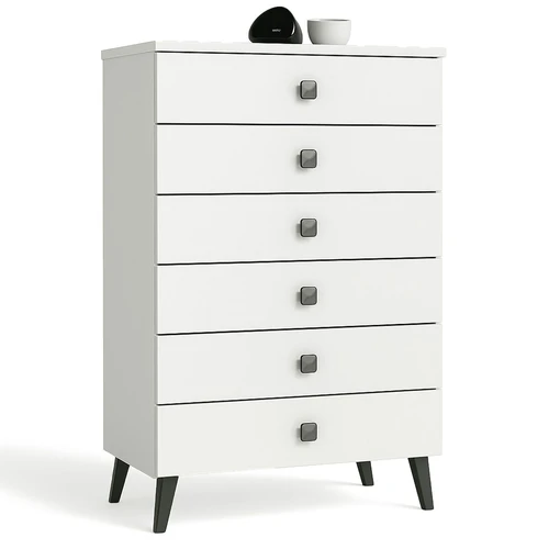 Komoda MOBI K06, 6 stalčiai, baltos/juodos spalvos, 60 × 104 × 37 cm
