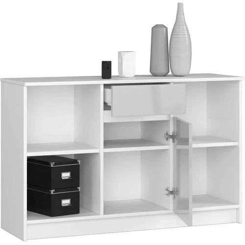 Komoda 120 cm baltos spalvos su stalčiais ir durelėmis