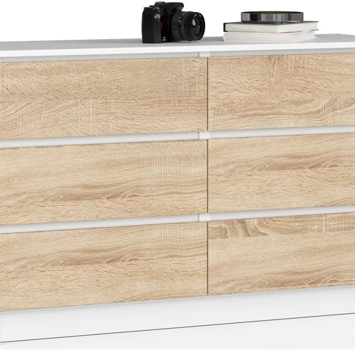 Komoda NORE K120 su 6-iais stalčiais, ąžuolo/baltos spalvos