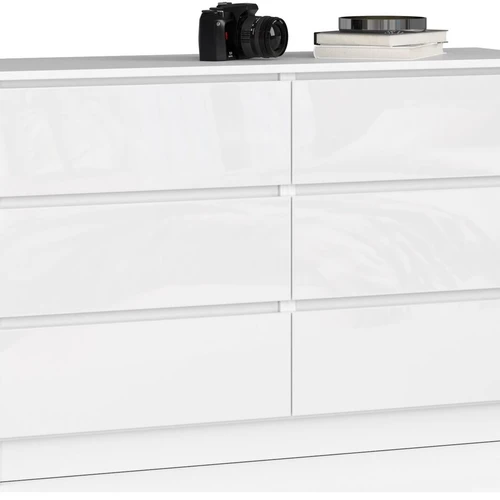 Komoda NORE K120 su 6-iais stalčiais, blizgios baltos spalvos