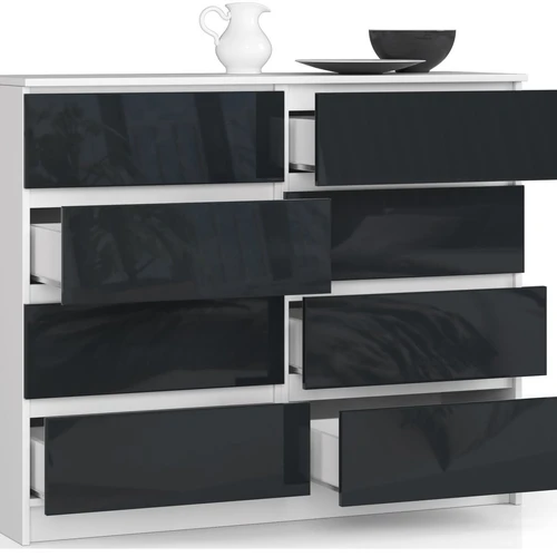 Tvarkinga komoda su blizgiu grafito dekoru ir atspariais stalčiais