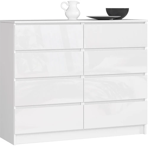 Komoda NORE K120 su 8-iais stalčiais, blizgios baltos spalvos