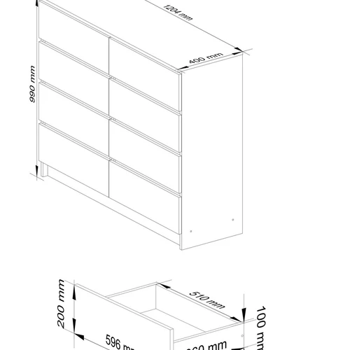 Komoda su metaliniais kreiptuvais ir laminuota plokšte
