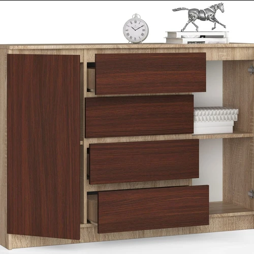 Moderni 140 cm pločio komoda su 4 stalčiais ir 2 spintelėmis