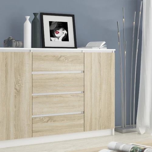 Moderni komoda K 140 su 4 stalčiais ir dviejų spalvų dizainu