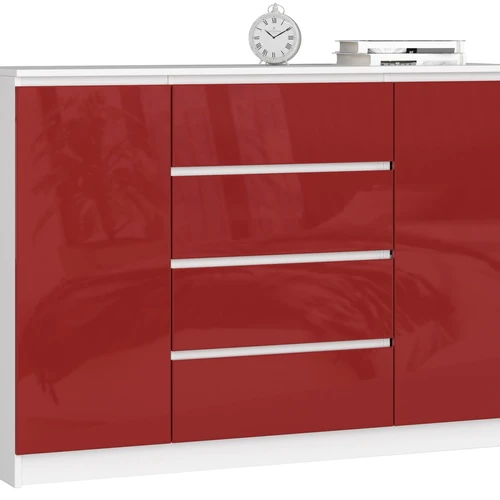Komoda NORE K140 su 4-iais stalčiais, baltos/raudonos spalvos